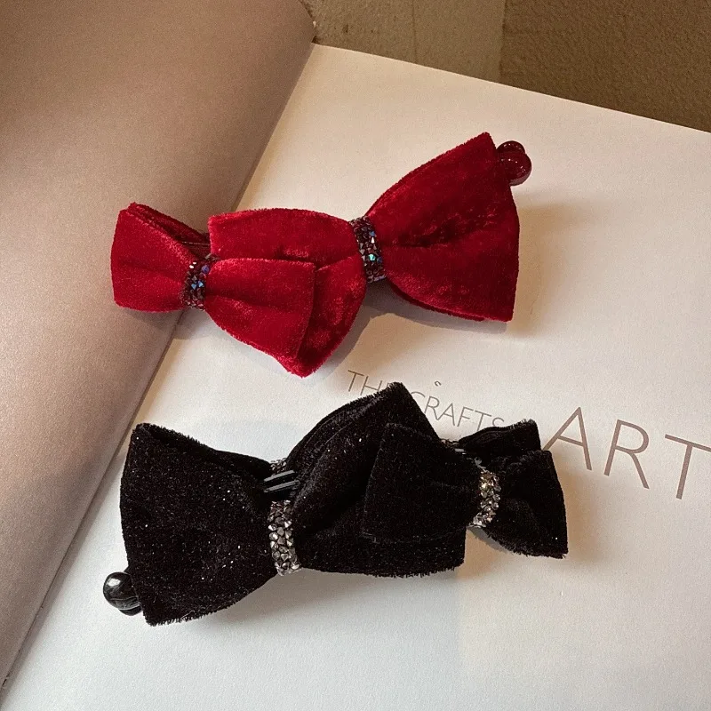 Korean Style Velvet Bow Hair Clip with Crystal Rhinestones Elegant Banana Clip for Women Fashionable and Elegant Vertical Clip