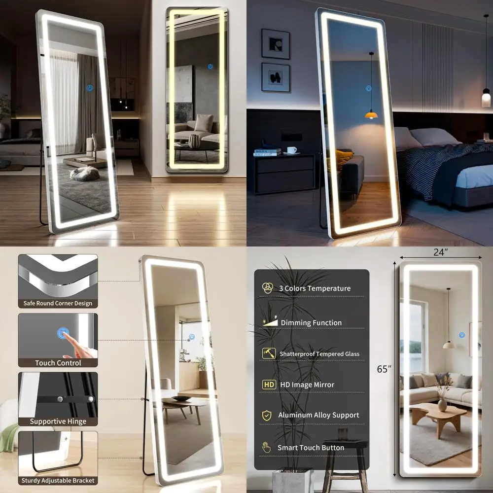 Espelho de chão de comprimento total com luzes reguláveis de 3 cores, 65 x 24, cantos arredondados, visualização de corpo inteiro, espelho de pé