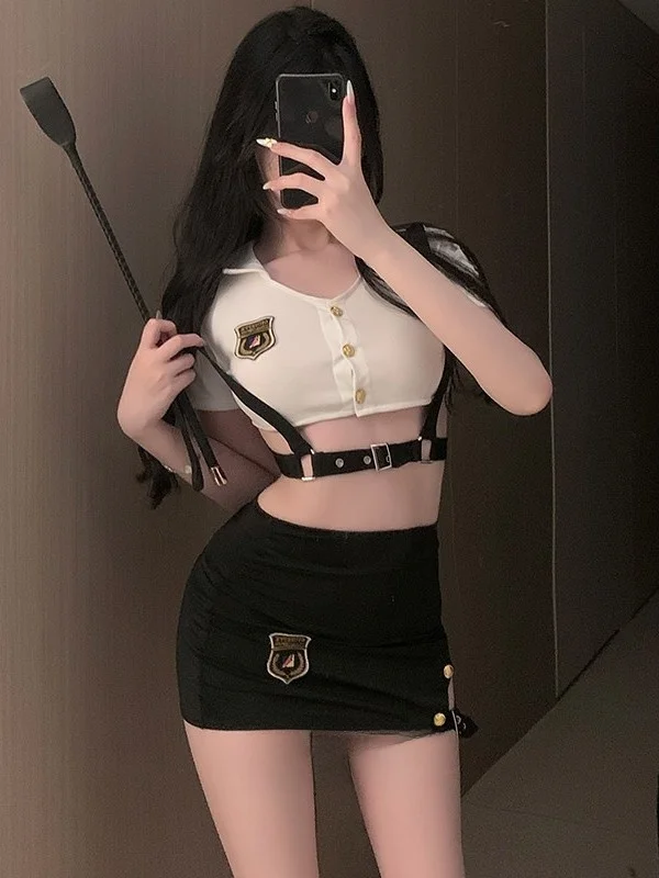 Seksowny strój motocyklowy wyszczuplający figurę, modny strój policjantki, gorący kostium cosplay dla kobiet, materiał poliestrowy.