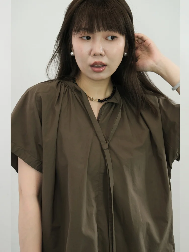 

LADYXIEXIE52 88 Women's irt Design Sense Pleated Silhouette Belt Korean Sle Loose Fit Cotton ort Sve round Ne