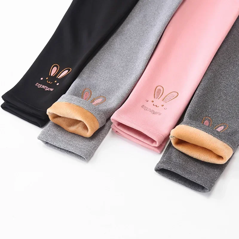 Autumn Winter Baby Girls Leggings Thick Warm Cute Rabbit Pants Kid Girl Plus Velvet Pants Children Solid Trousers 2-8Years