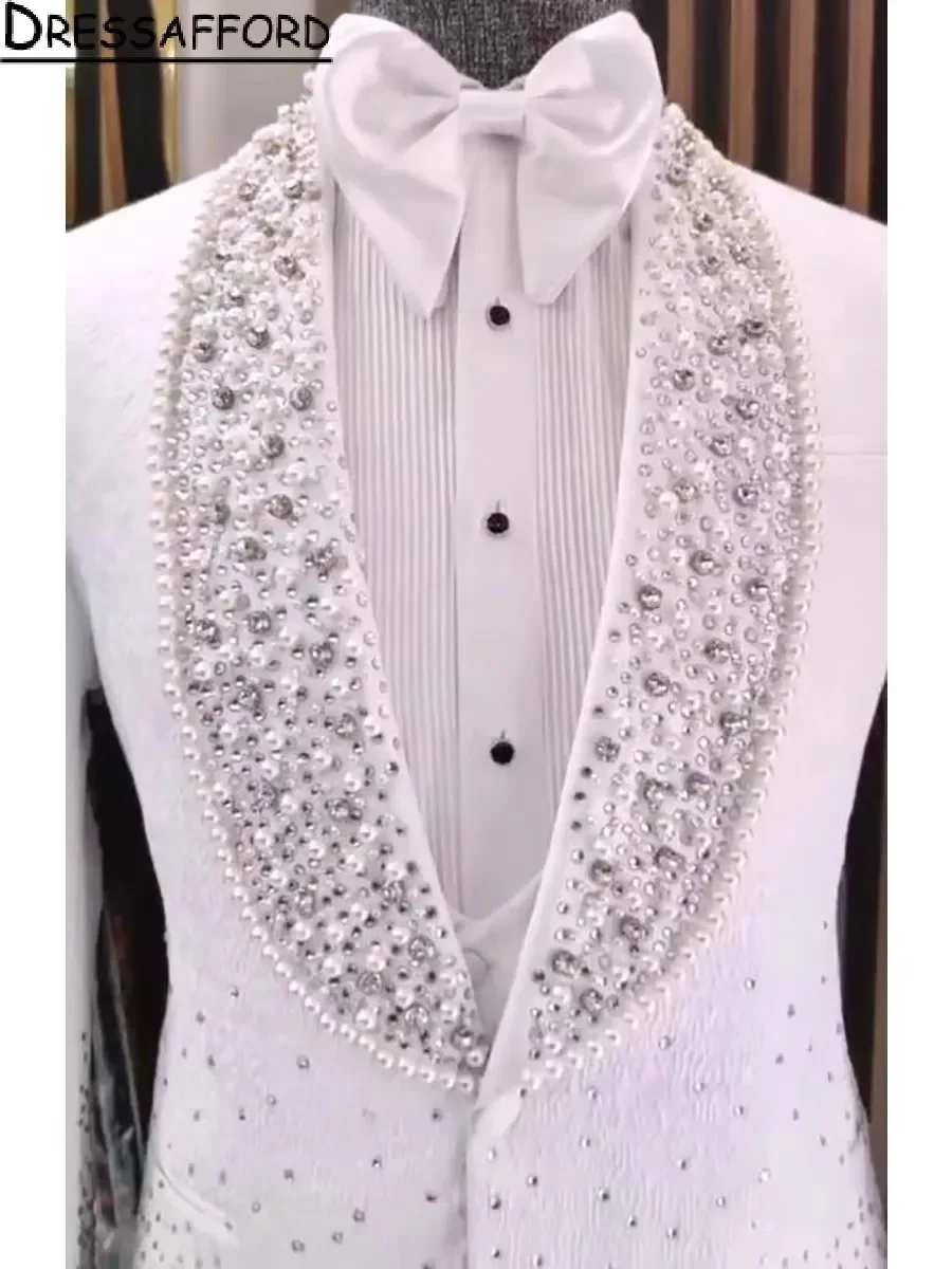 Costume deux pièces blanc perlé pour homme, blazer en cristal, veste et pantalon