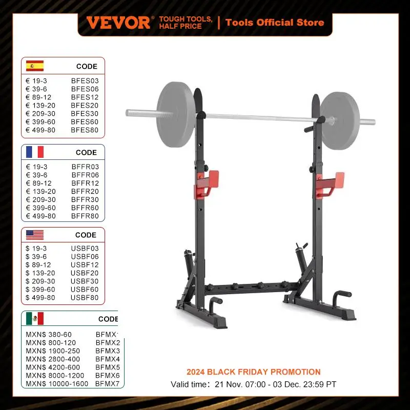 VEVOR Squat Stand Power Rack Multi-Functional Barbell Rack with Hook Weight Plate Storage Attachment  Free Bench Press Stands