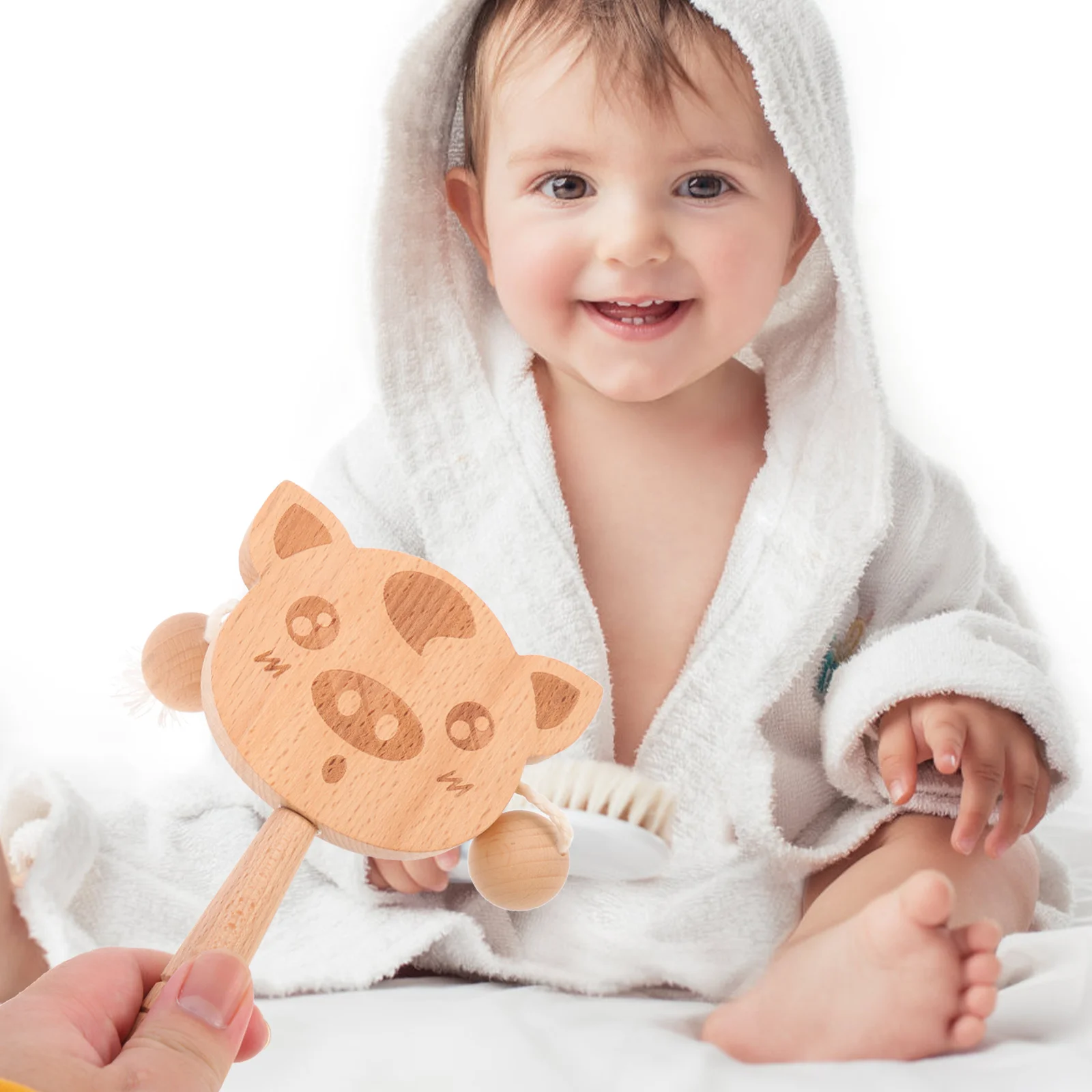 Tambour à secouer de conception animale, hochet à main pour bébé, Instrument de musique pour le développement sensoriel, jeu hochet en bois pour enfants