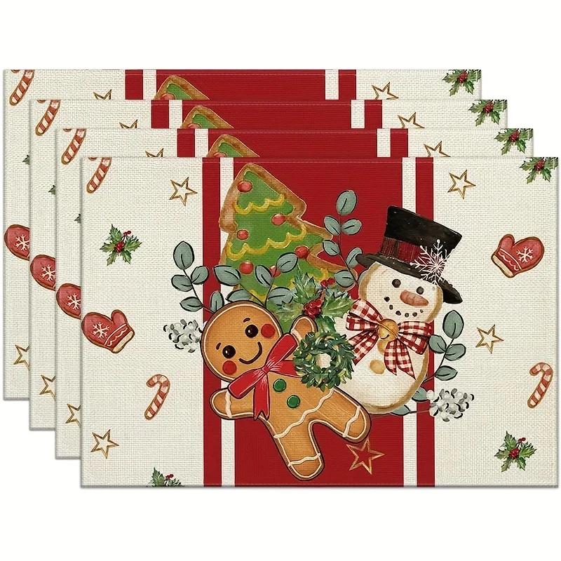 4pcs Christmas Placemat Set, Gingerbread Man Snowman Tree Print, Washable for Kitchen Cafe Restaurant Holiday Table Decor