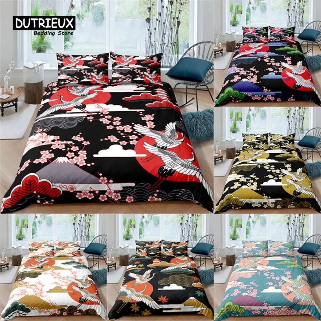 

Home Living Luxury Sakura and Crane Print 2/3Pcs Soft Duvet Cover PillowCase Queen and King Size Kids Bedding Set EU/US/AU Size