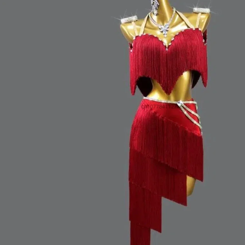 Professional Latin Dance Dress 2025 New Competition Table Performance Clothing Split Top Tassel Skirt Adult High End