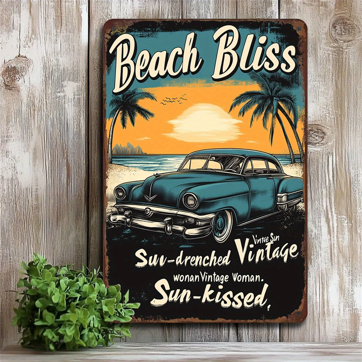 Beach Bliss Vintage Metal Iron Sign - Vintage Sunset Palm Design, Iron Wall Art for Garage, Bar, Home Decor, Measures 8x12 Inch