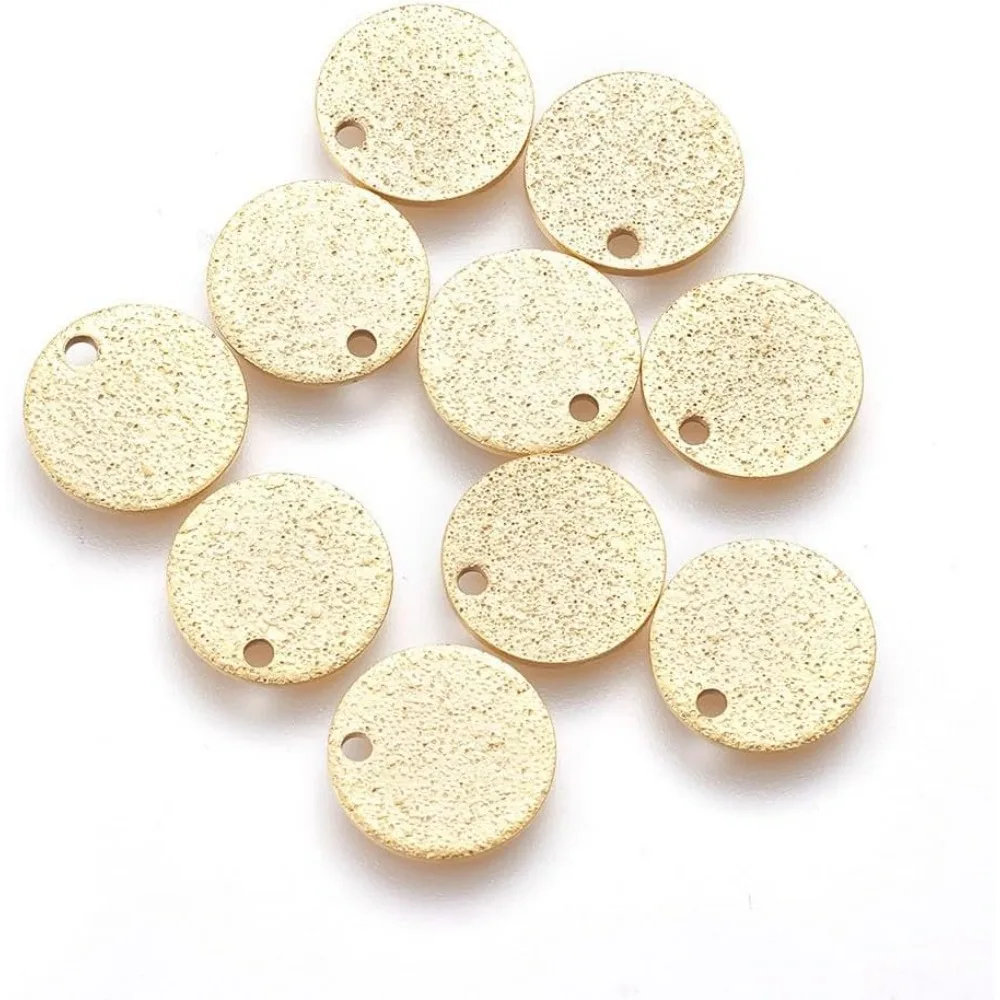 10Pcs Golden Textured Flat Round Charms 10x1mm 304 Stainless Steel Round Charms with Bumpy Flat Metal Pendants with 1mm Hole