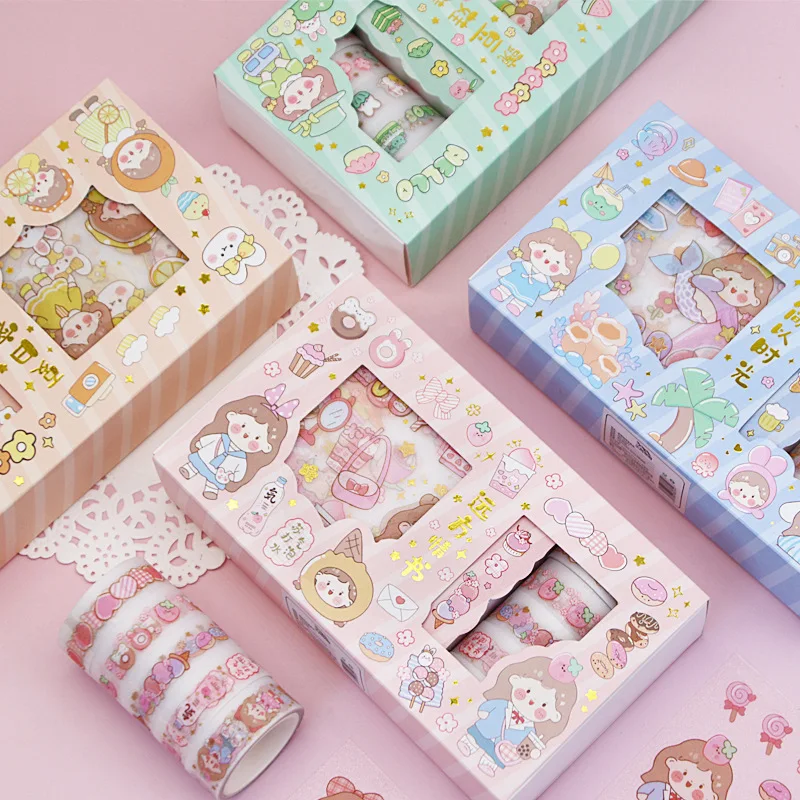 

5rolls+9Stickers Tape Diy Hand Account Sticker Set Gift Box Hand Account Sticker Material Office Supplies Tape Sticker