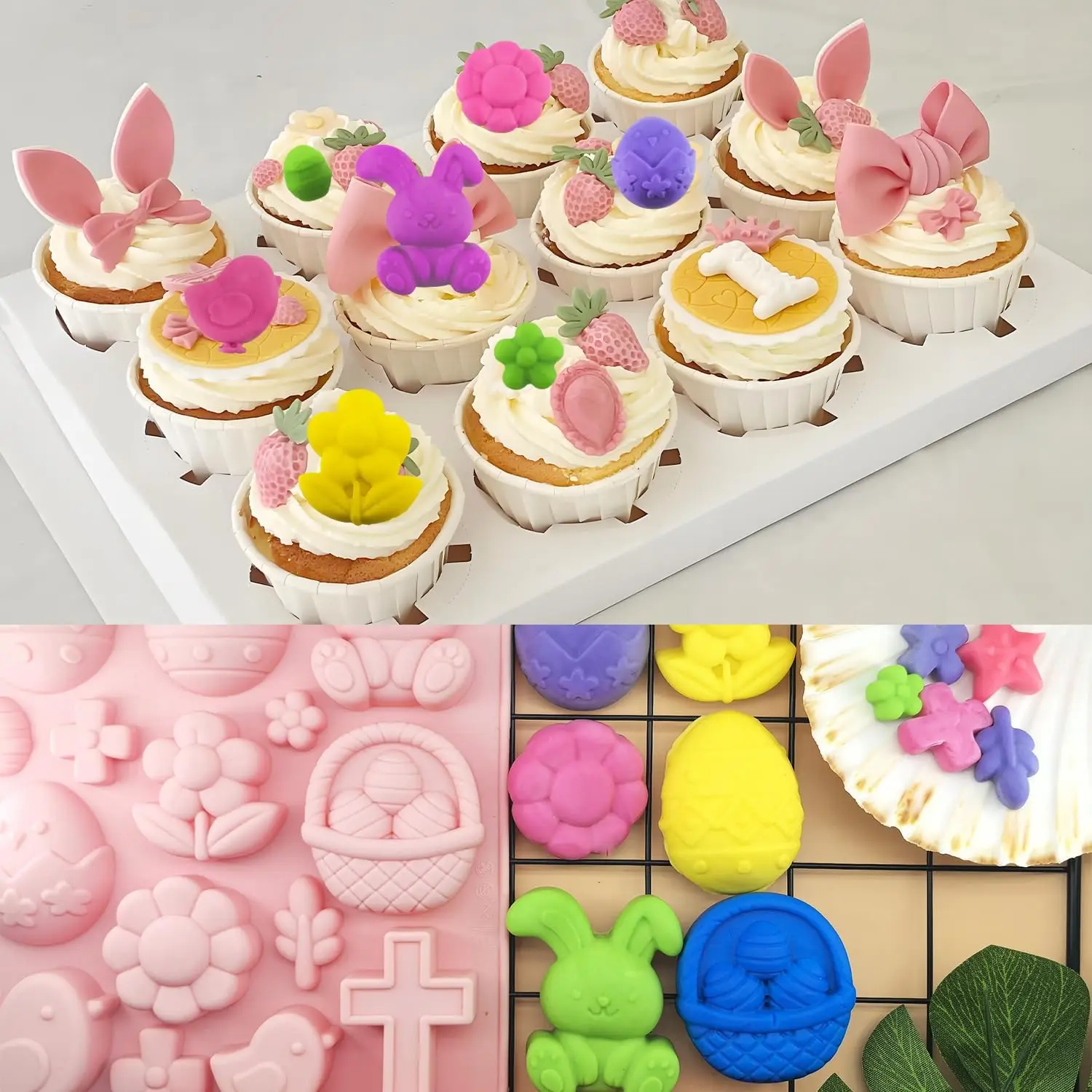 Easter Silicone Molds for Chocolate,Easter Egg Bunny Rabbit Basket Flower Chocolate Molds for Baking Jello Ice Cube Candle Mould