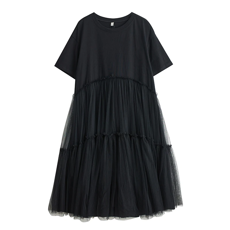 Nyfs 2025 verão solto plus size estilo coreano moda sólida vestido longo robe mangas curtas retalhos mesy vestido feminino