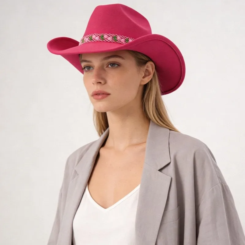 Valentine's Day gift: felt cowboy with pink rose mesh, a sweet cool girly hat for fashionable outfits and photos