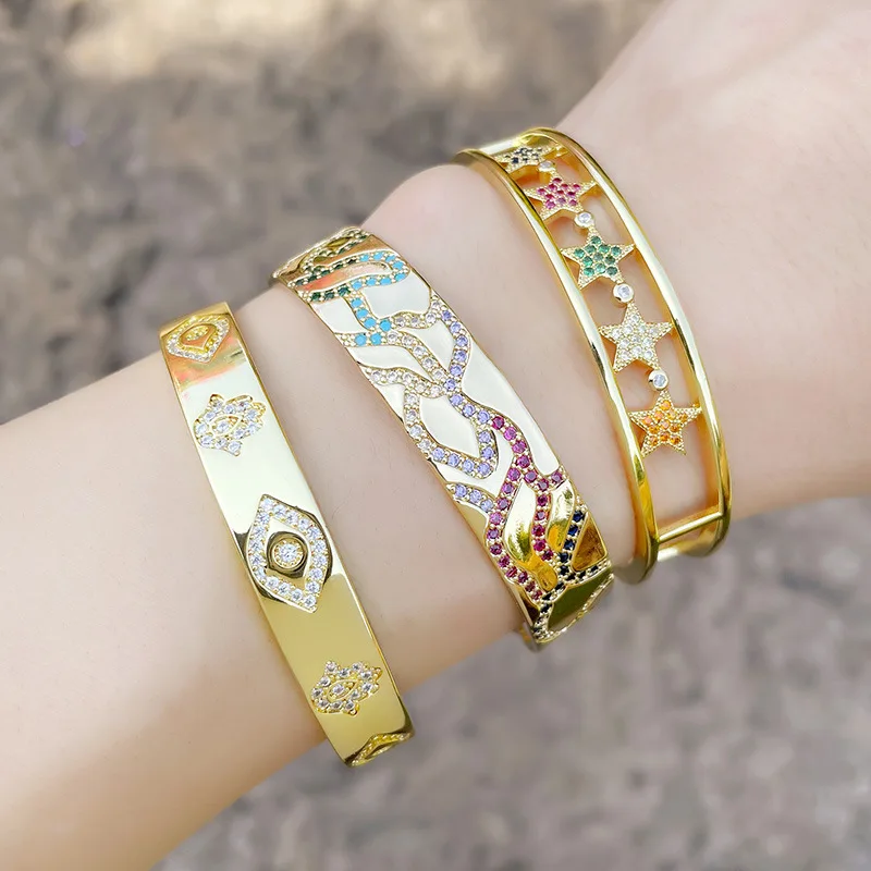 

Trendy Star Evil Eye Wide Cuff Bangles For Women Colorful Zircon Copper Gold-Plated Jewelry Open Bracelet Femme Luxe Accessories