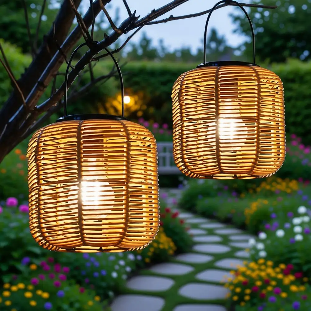 

Outdoor Hanging Lanterns Waterproof, 2 Pack Rattan Outdoor Lanterns, Outdoor Hanging Lights, Lantern Lamp Decorations for Yard G