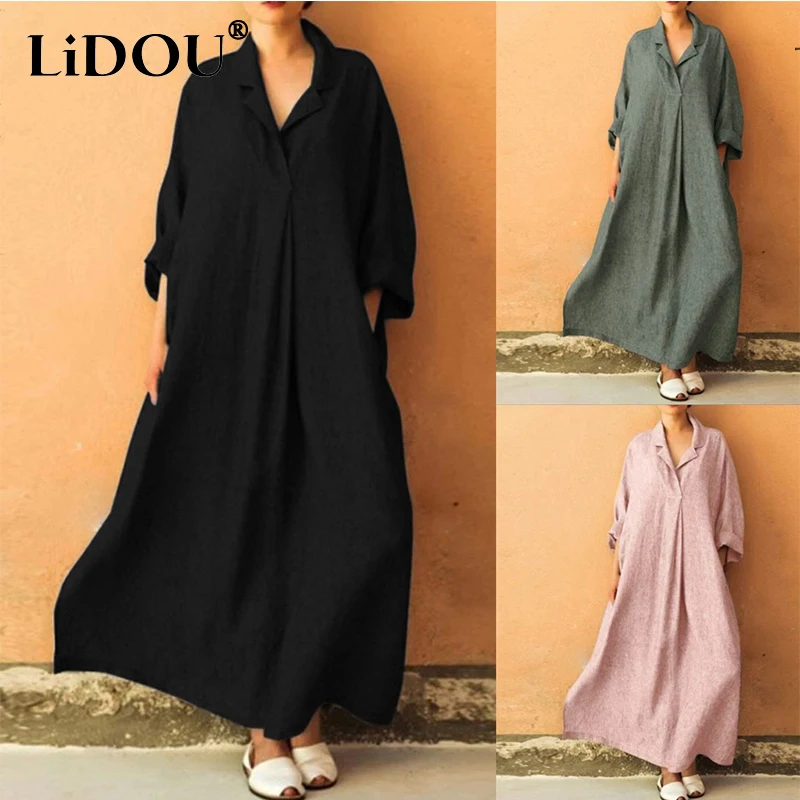 Spring Autumn Solid Cotton Linen Loose Dress Women Long Sleeve Casual Vintage Oversized Vestidos De Fiesta Fashion Robe Femme