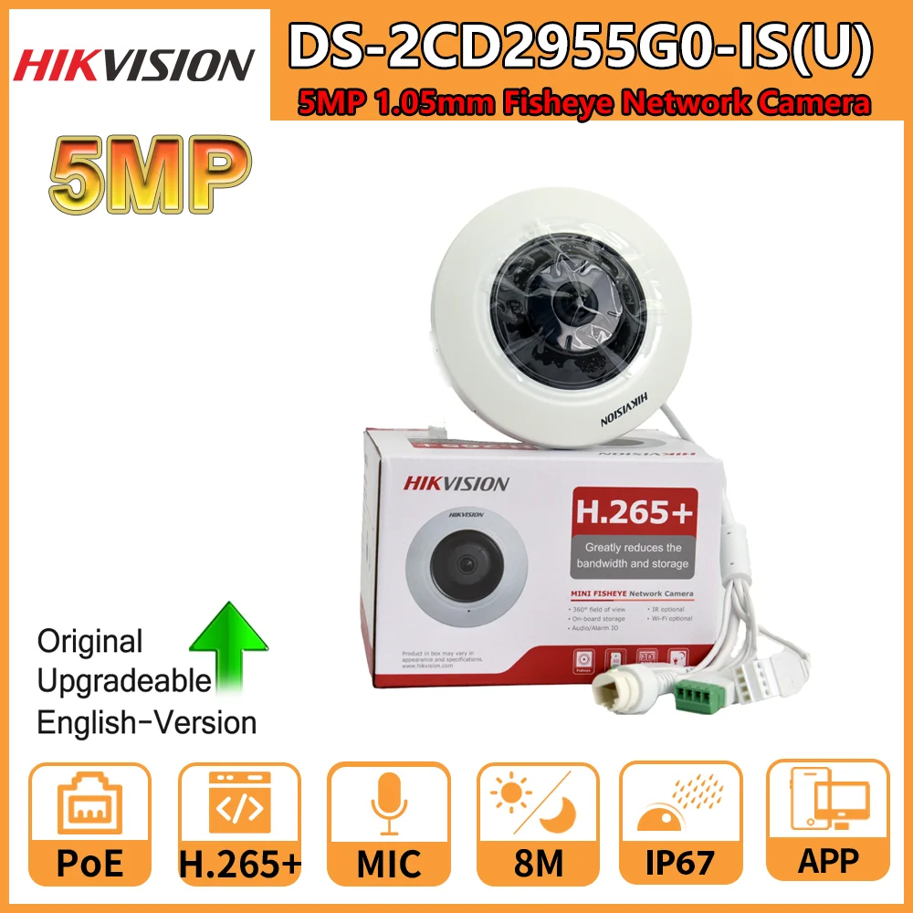 Cámara IP Hikvision 5MP ojo de pez DS-2CD2955G0-ISU compatible con audio bidireccional 180 °   Ranura para tarjeta SD con micrófono incorporado de vigilancia con vista de ojo de pez