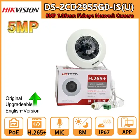 Hikvision 5MP Fisheye IP Camera DS-2CD2955G0-ISU Support 2-Way Audio 180° Fisheye View Surveillance Built-In Mic SD Card Slot