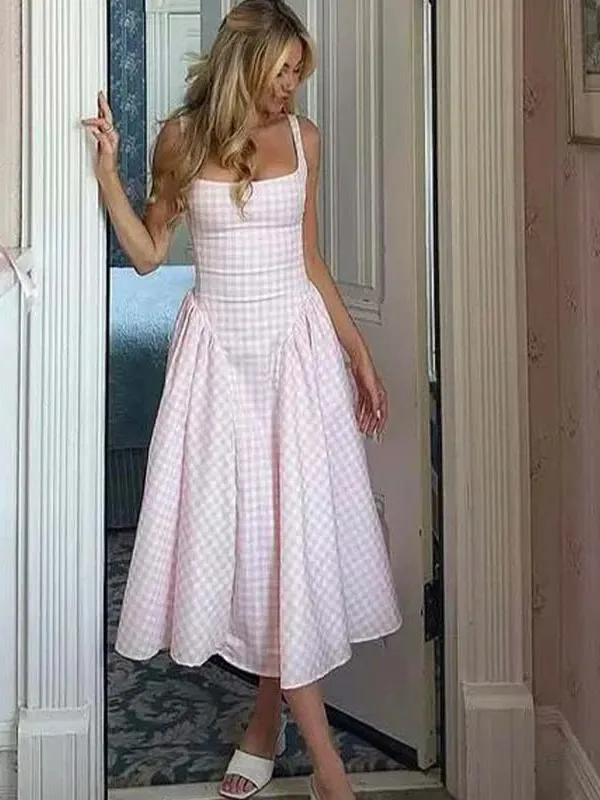 ชุดเดรสสายเดี่ยวผ้าลายสก็อตผูกเชือก ดีไซน์หรูหรา คอเหลี่ยม เอวต่ำ ทรงเอไลน์ ความยาวปานกลาง สำหรับฤดูร้อน งานปาร์ตี้วันหยุด รุ่น F374 ปี 2025