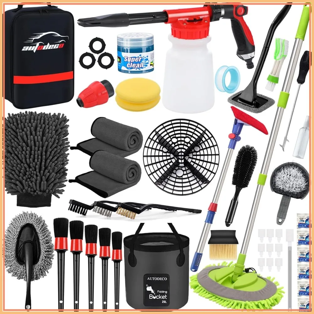 Kit de Detallado para Lavado de Autos de 44 Piezas con Pistola de Espuma, Mopa de Lavado, Cubo Plegable, Guante Grande, Toallas - Set Completo para Limpieza Interior y Exterior
