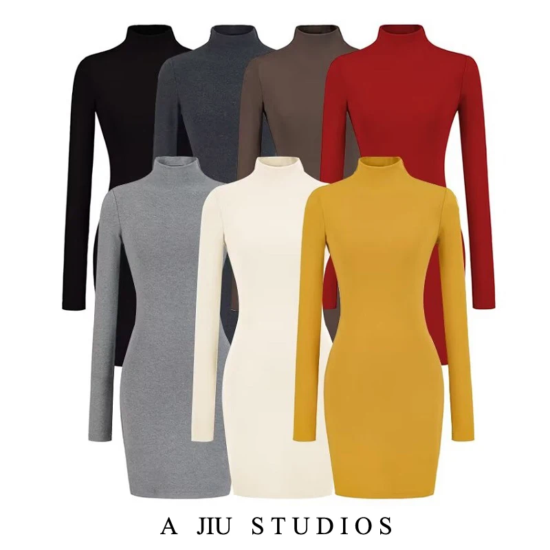 

Pure Desire Fce High Collar Long Sve Women's Dr Slimming Sexy ort Skirt Autumn Winter High Waist Soft Fabric Elastic