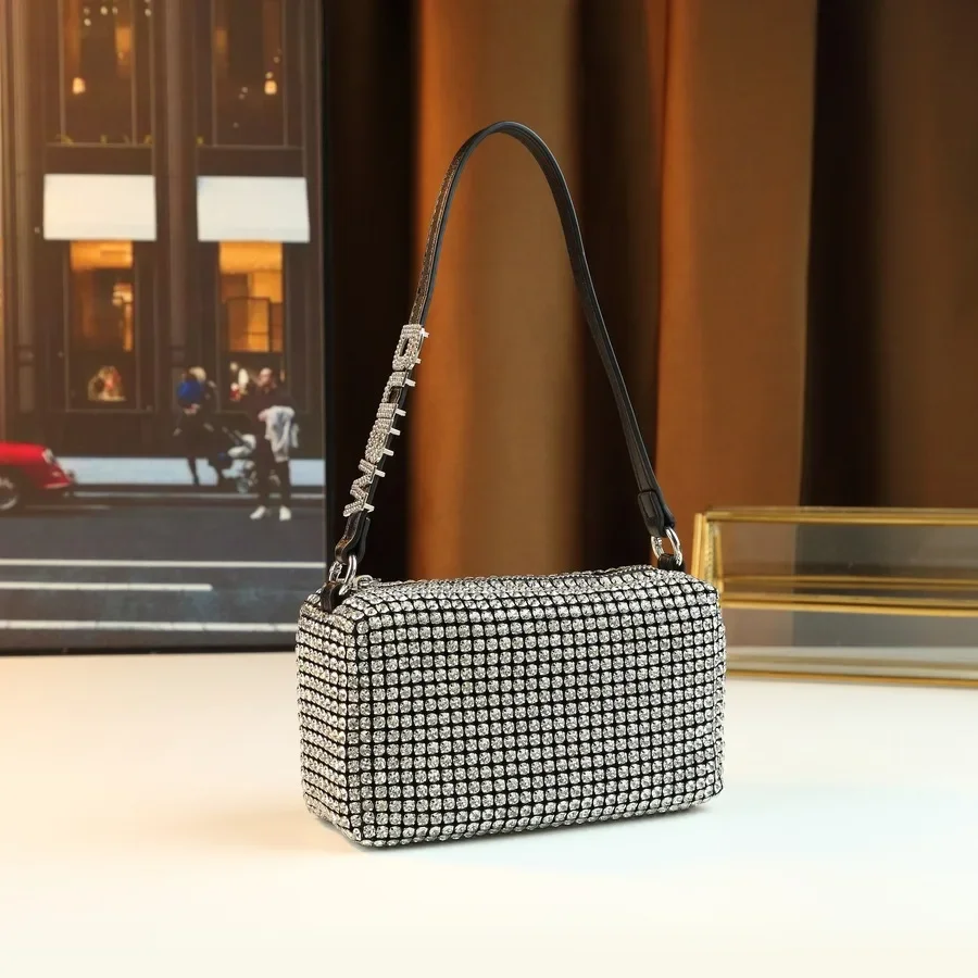 Bolso de hombro con incrustaciones de diamantes para mujer, bandolera versátil, bolso para axila, sensación de lujo, bolso cuadrado de poliuretano con una sola correa