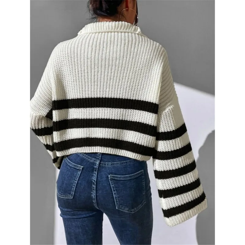 Autumn New Fashion Women's Striped Stand Neck Loose Sweater Female Clothes Temperament 2024 Daily Women Casual Knitted Pullover