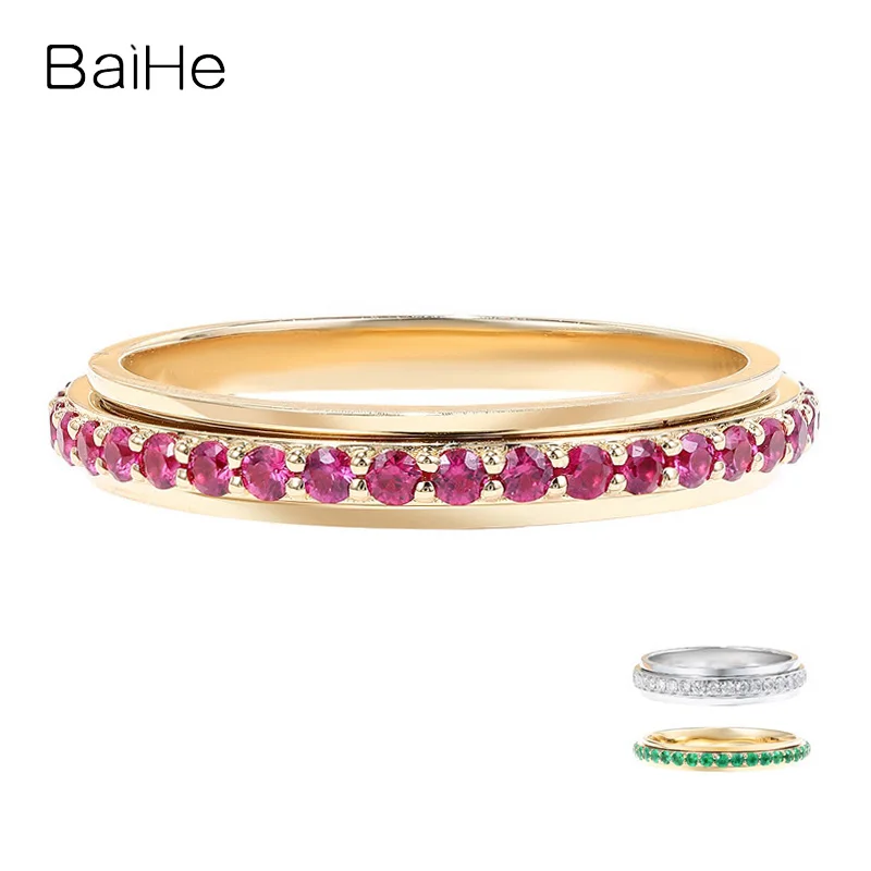 

BAIHE Solid 14K Rose Gold Natural Ruby/Diamond/Emerald rings for women Men Can Be Rotated Trendy Party Gift Fine Jewelry Making