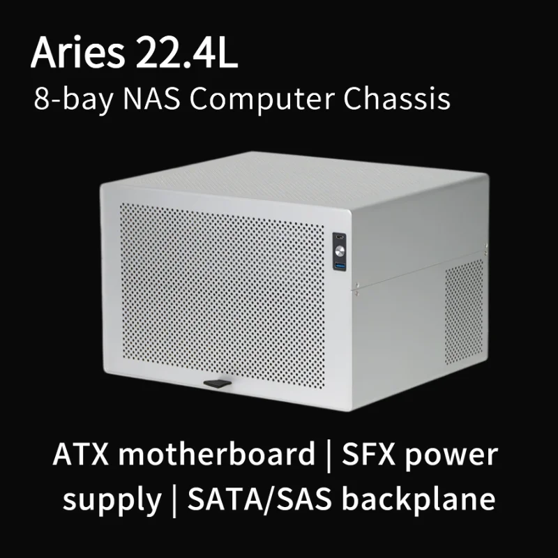هيكل Aries 8-Bay NAS العمودي، ألومنيوم مؤكسد 2 مم، اللوحة الأم ATX |   SFX مزود الطاقة SATA/SAS لوحة الكترونية معززة