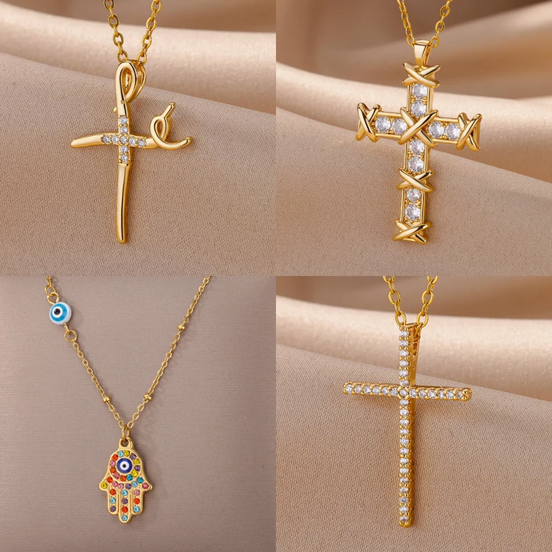 Zircon Jesus Cross Pendant Necklaces For Women Stainless Steel Gold Color Star Girl y2k Chain Collar Necklace 2023 Goth Jewelry