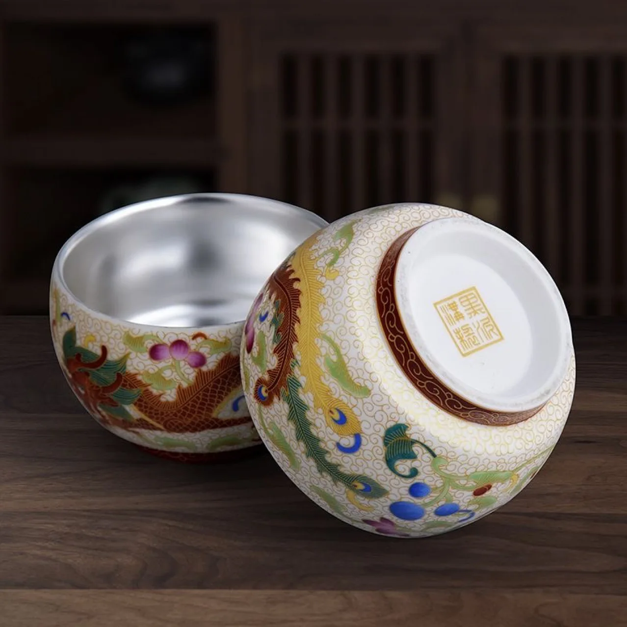 Dragon And Phoenix Silver Cup Tea Cup Silver Bowl Ceramic Silver-plated Tea Cup Master Cup Chinese Tea Cup