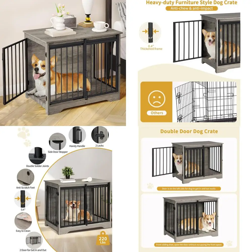 

Sturdy Wooden Dog Crate Furniture with Double Doors for Medium and Small Dogs, Indoor Pet Cage End Table