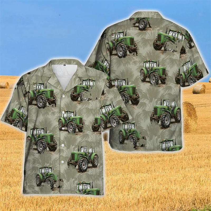 Farm Tractor Graphic Shirts For Men Clothes Farmer Bumper Harvest Wheat 3D Printed Lapel Blouse Food Car Male Short Sleeve Tops