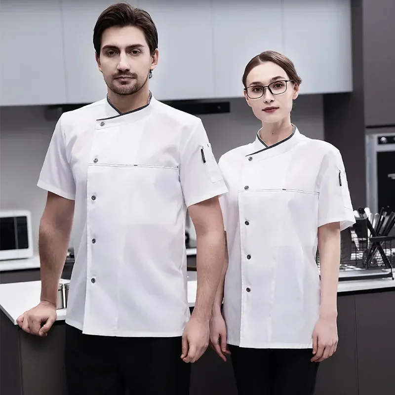 Roupas de cozinha para homens e mulheres, uniforme de cabeça, avental cinza, jaqueta chef curta, cozinha, restaurante, hotel, verão