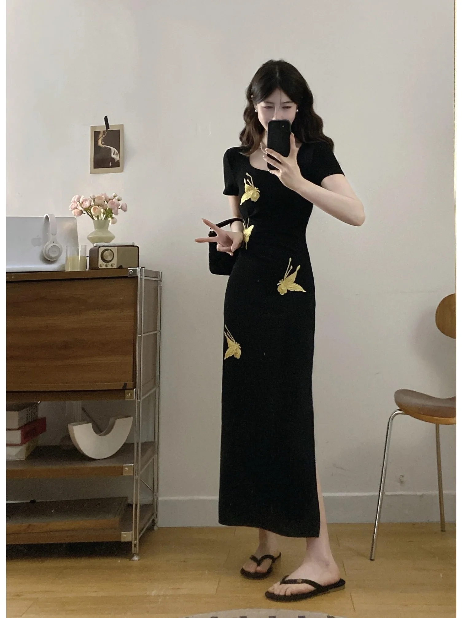

plus Size Print Short Sleeve Dress Korean Style A-Line Long Dress Split Design Slimming Effect Summer New Arrival