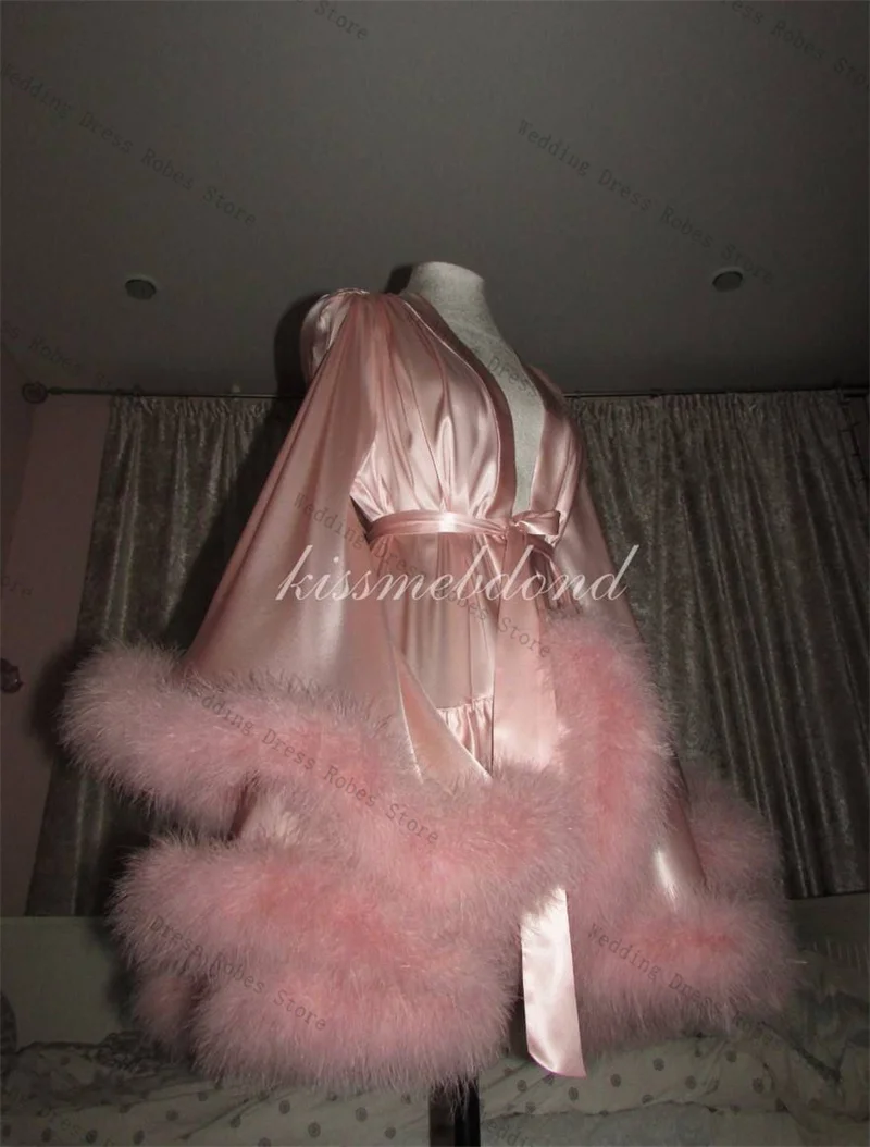 Vestido de fiesta de plumas de satén azul para mujer, para sesión de fotos, Mini batas cortas sexis con cinturón para la mañana, vestido de noche, ropa de dormir personalizada