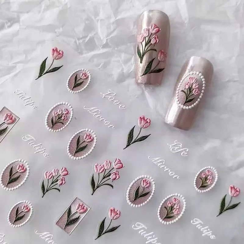

3D Relief Nail Stickers Fresh Elegant Tulip Waterproof Self Adhesive Decals for Manicure DIY Hot Selling