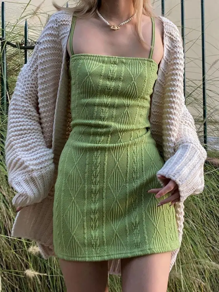 

Women Dress Summer Fashion Elegant Streetwear Strap Mini 2022 New Solid Green Knit Stretch Slim Office Lady Dresses