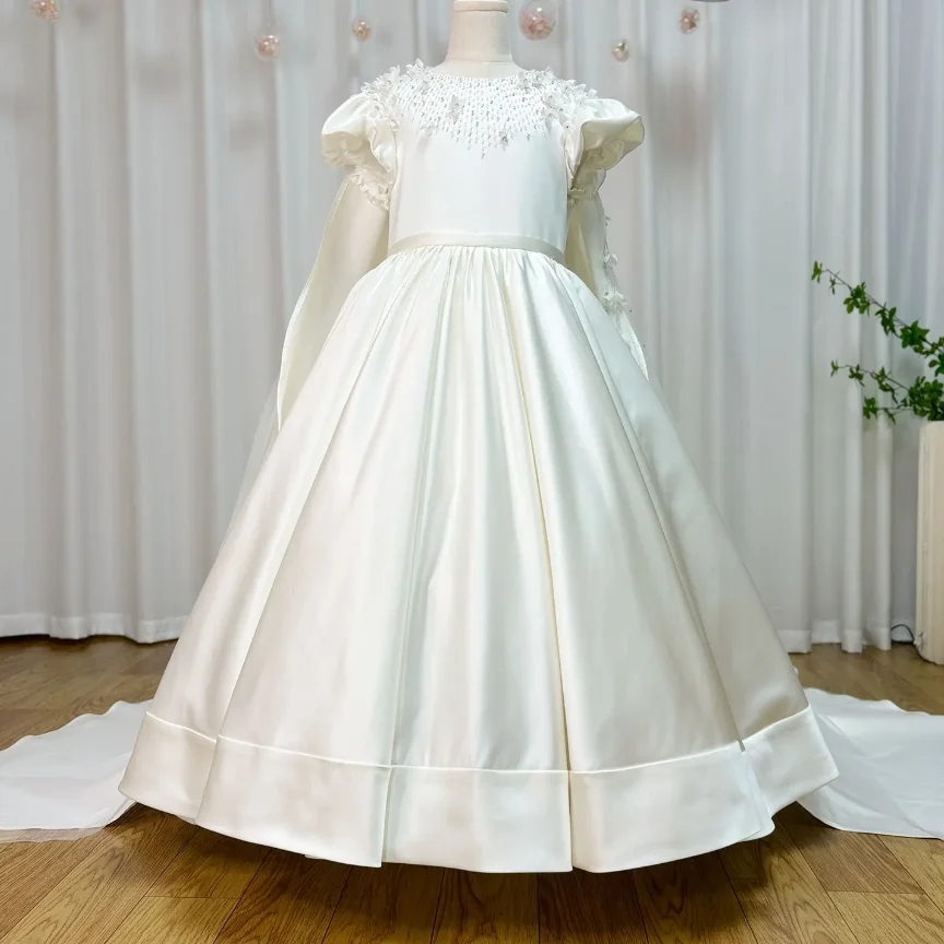 Luxury White Satin Arabic Wedding Girls Dress Beaded Pearls Satin Princess Kids Birthday Party Long Gown First Communion Dress