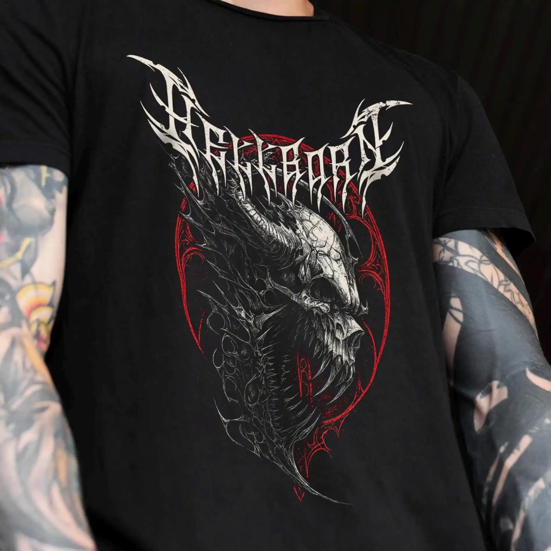 Hellborn Demon Skull Metal T-Shirt – Heavy Cotton Unisex Tee – Dark Creature Graphic Shirt