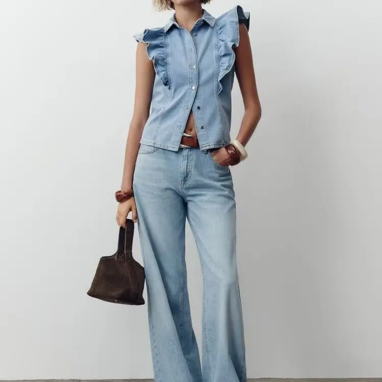 ZBZR ฤดูใบไม้ผลิใหม่ผู้หญิงแฟชั่น DENIM คอปกทรงสลิมเลเยอร์ Sle Princ Sle กางเกงขายาวปิดกระดุม
