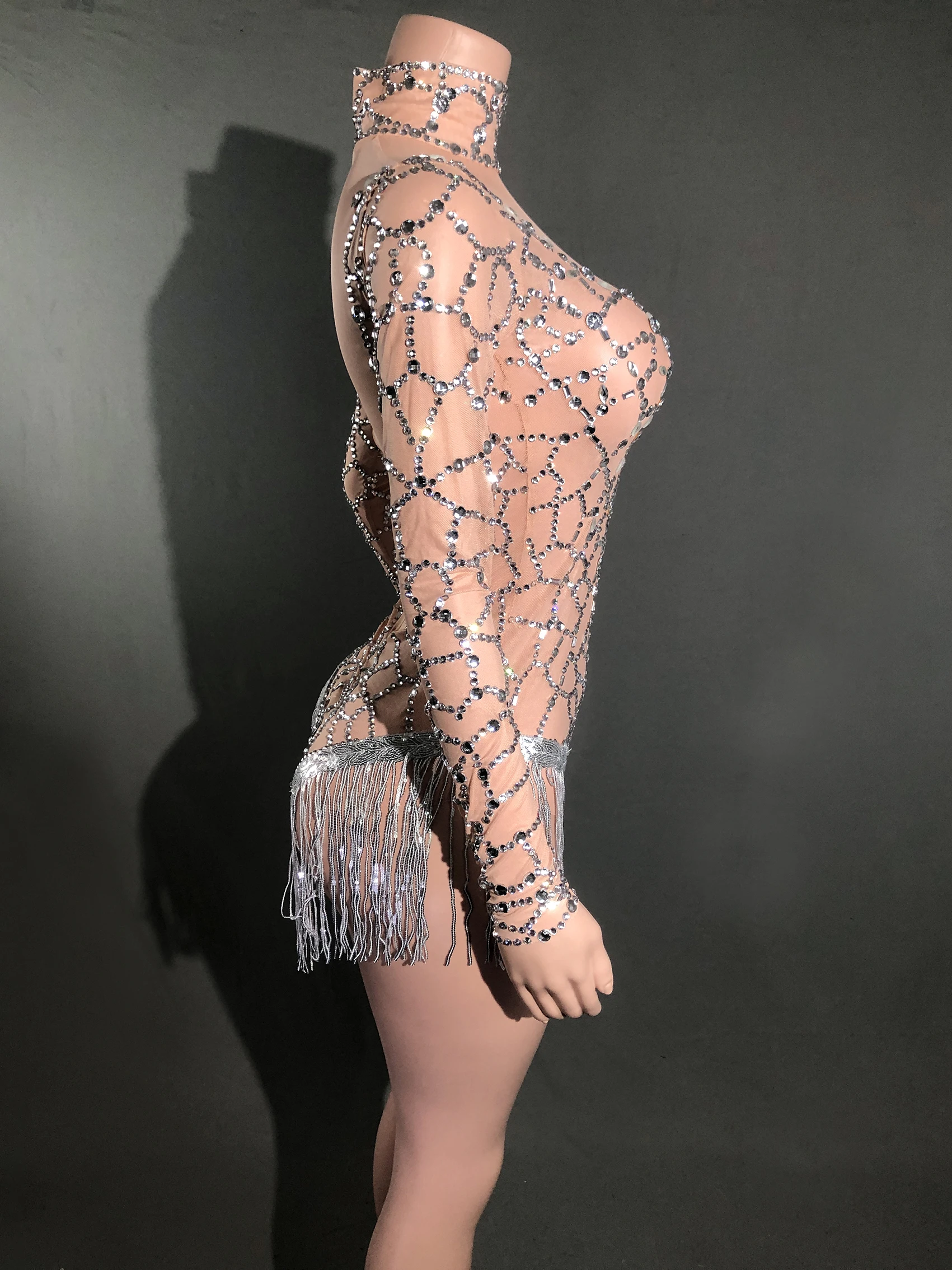 doorzichtige bodysuit van doorschijnende stof, hoge kraag, hangende nekkwastjes, toneelvoorstelling, kostuum, mesh, heldere diamant