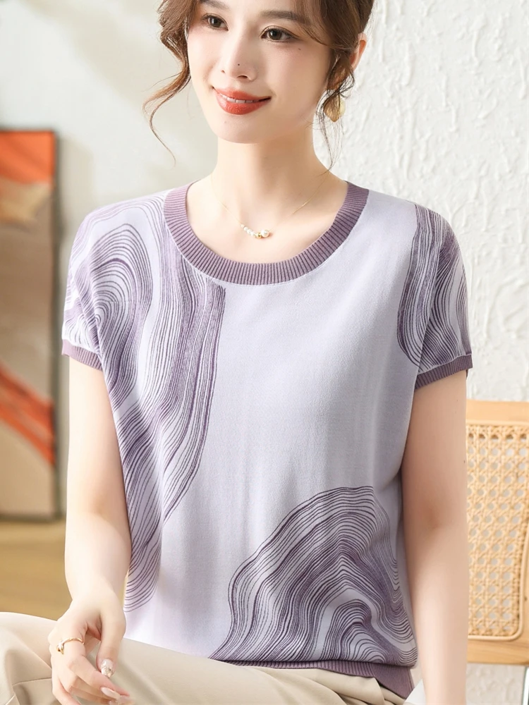 

Summer Faionable Knitted Top for Middle-Aged Women round Ne ort Sve Thin Sle Versatile Women's irt Mom Clothes