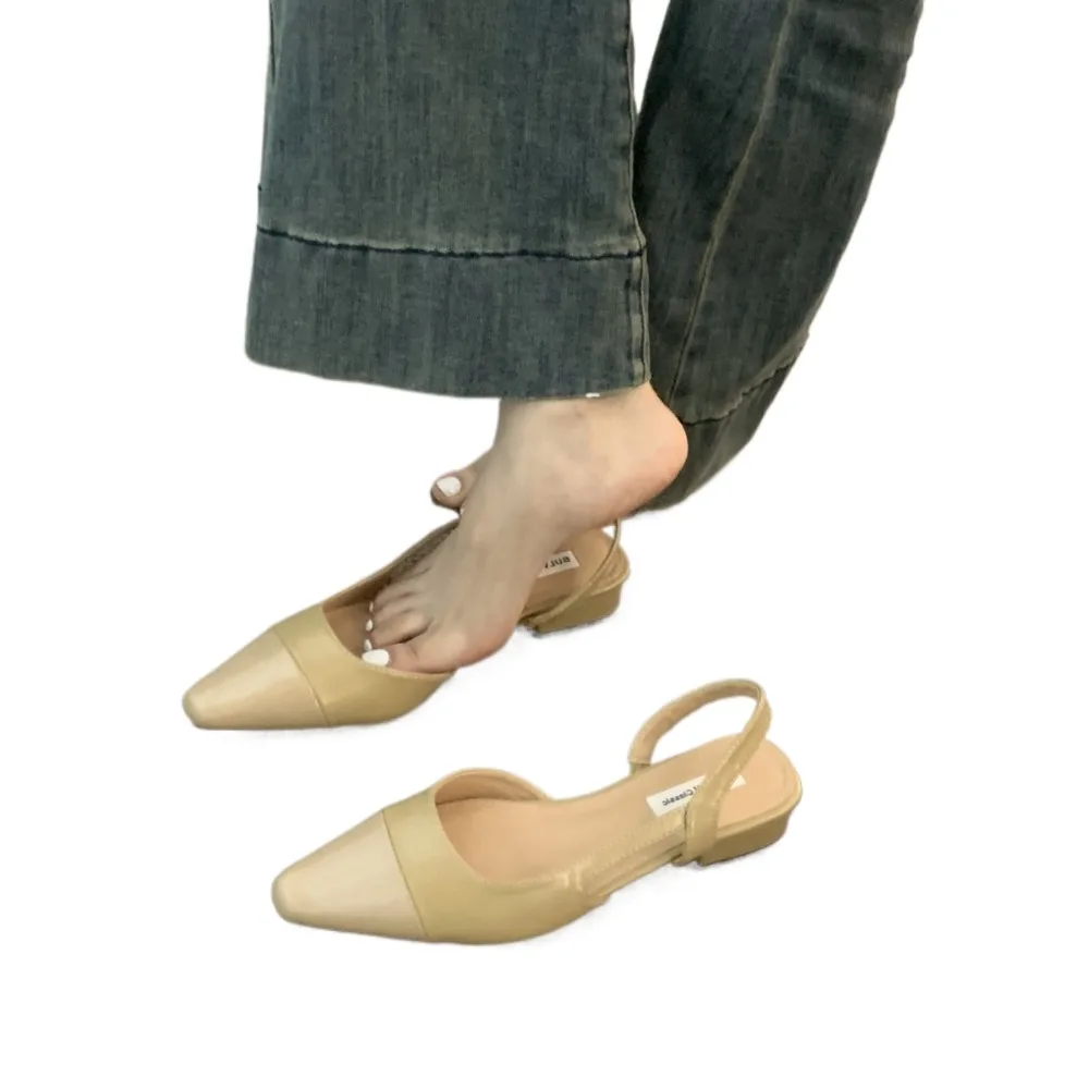 French Nude Color Low Heel Baotou Sandals for Women Pointed Toe Thick Heels Back Air Style Single Shoes Ladies Footwear image 6