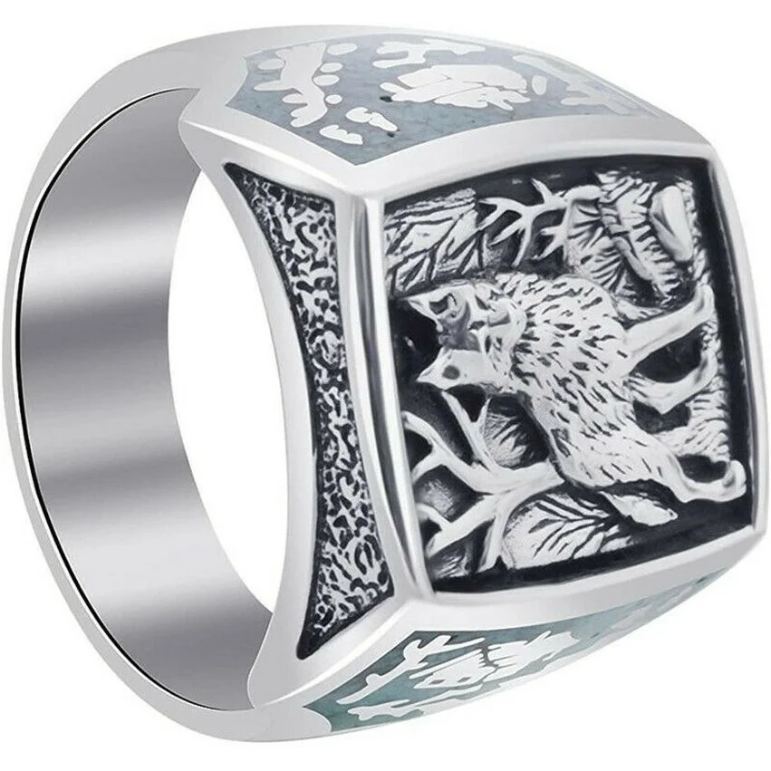 خاتم الذئب الفضي على الطراز الجنوبي الغربي للرجال مقاس 6-10