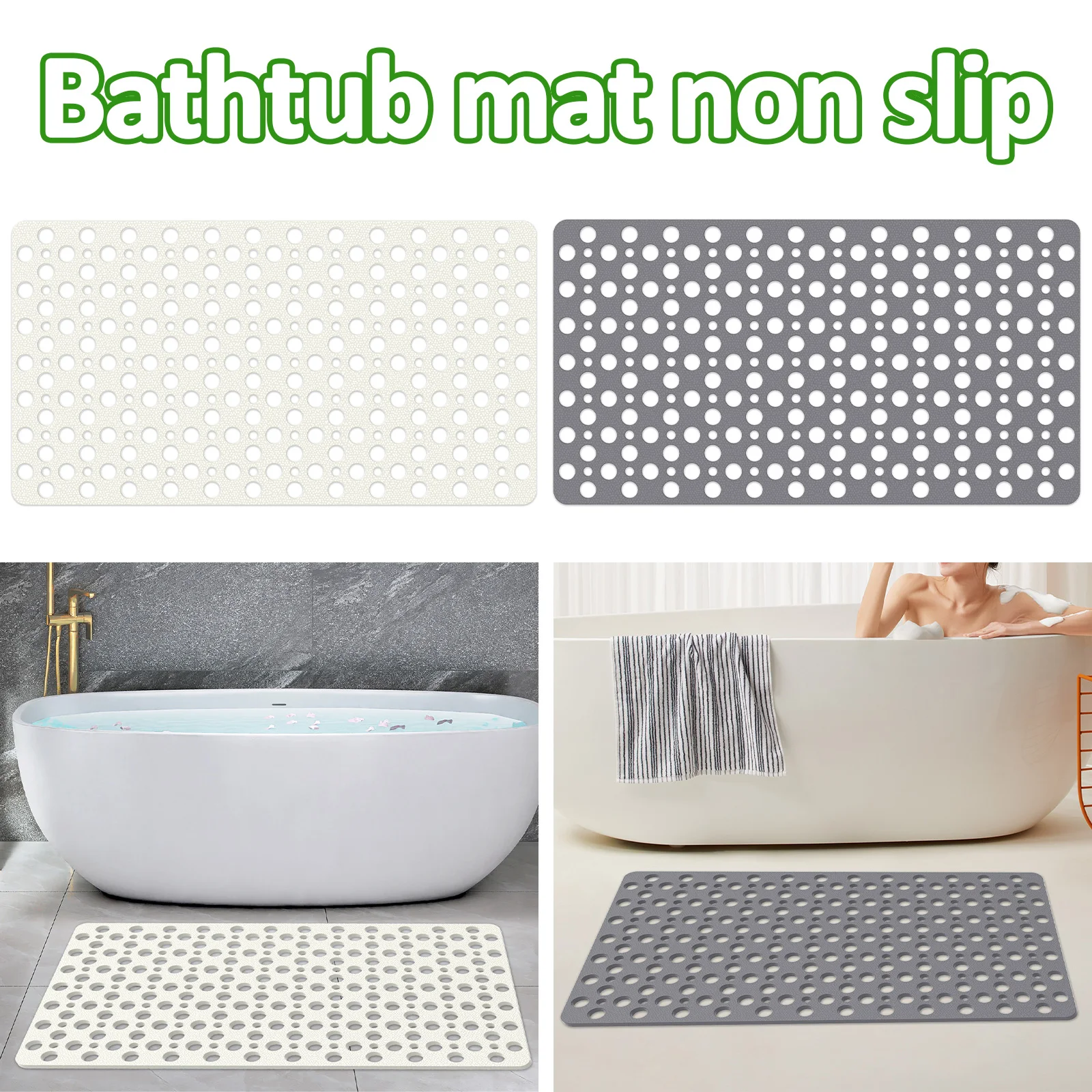 Bathtub Mat 27.6×15 inches TPE Non-Slip Bath Mat with Suction Cups and Drainage Holes for Elderly Children Grey and White Shower