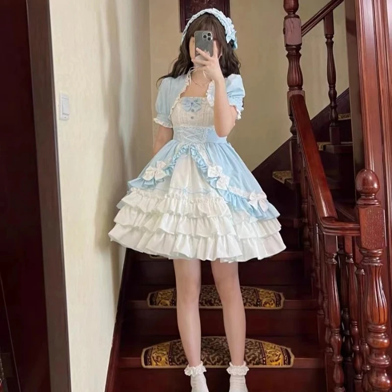 2026 New Japanese Vintage Lolita Dress Women Gothic Y2k Short Sleeve Mini Dresses Harajuku Bow Sweet Cute Slim Skirt Autumn New