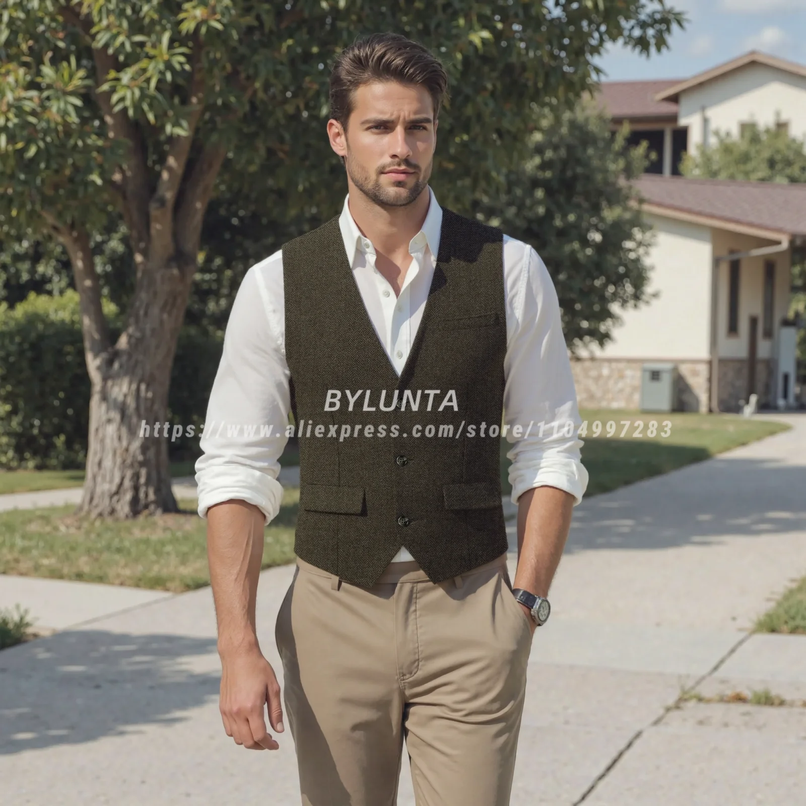 Men's Suit Vest Dark Gray Tailored Collar Wedding Wool Tweed Business Waistcoat Jacket Casual Slim Fit Gilet Steampunk Vest
