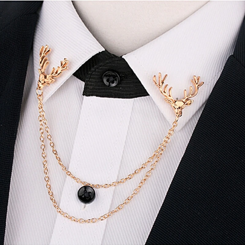F42F Deer Brooch Pin for Men Women Suit Vintage Shirt Collar Chain Brooches Elk Antler Lapel Pin Decoration