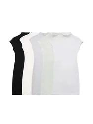 TRAF Women Fashion Stretch Knit Mini Dress Vintage High Neck Sleeveless Female Dresses Vestidos Mujer